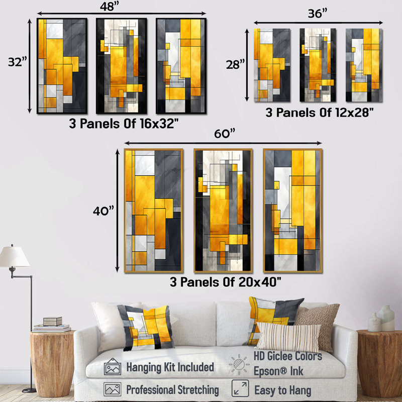 Fusion géométrique jaune et gris I - ensemble de 3 reproductions de toiles géométriques abstraites, Cadre flottant brun