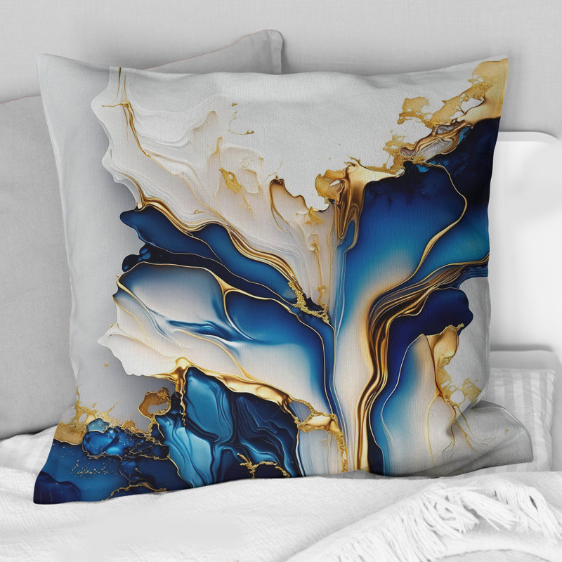 Abstract Geode Gold And Blue Marble Shape III - Abstract Marble Printed Pillow, 16" x 16", Square