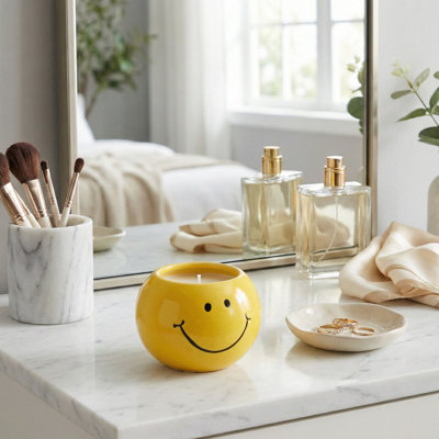 Decorative Smiley Ceramic Scented Candles Candle For Living Room - Modern Decor Accent For Bedroom Bookshelf Or Coffee Table Display - 4", Yellow