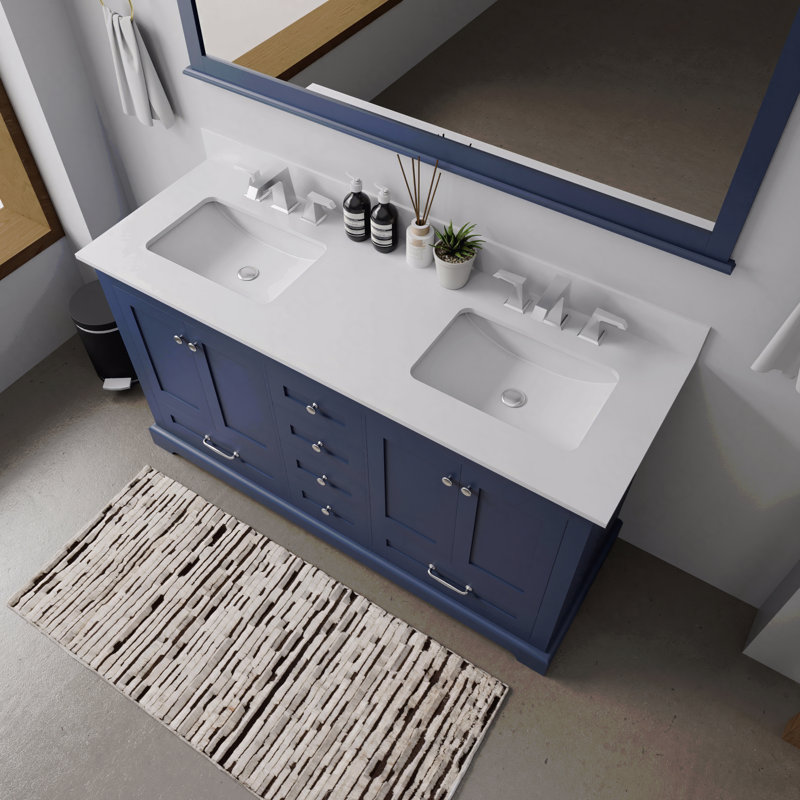 Ensemble de meuble-lavabo double l 60 po x P 22 po avec comptoir en quartz blanc et robinet, Bleu