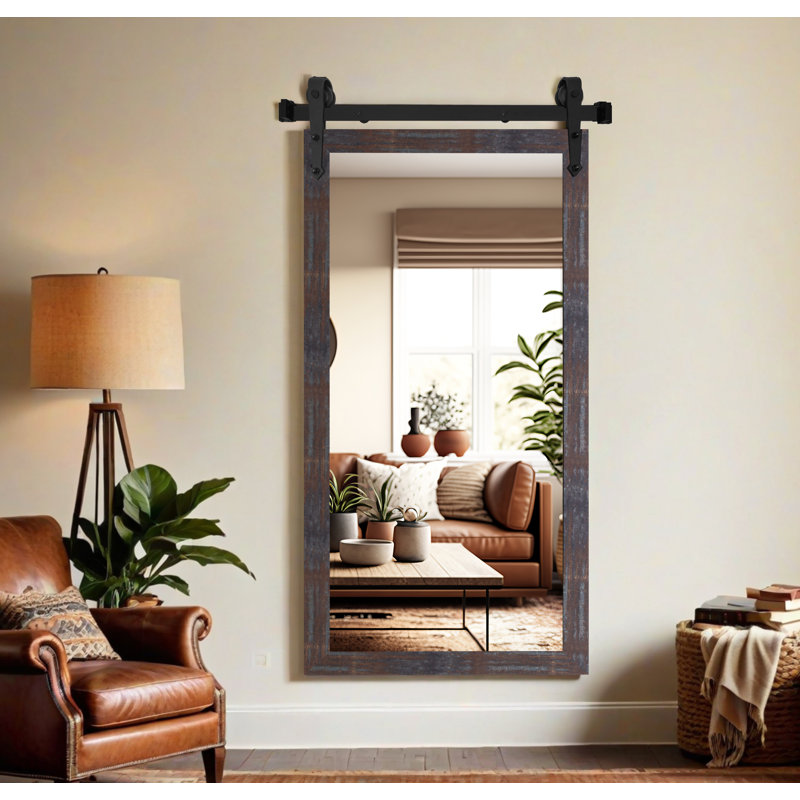 Miroir rustique moderne avec rail de porte de grange en acier, 66 x 33, Laiton acier