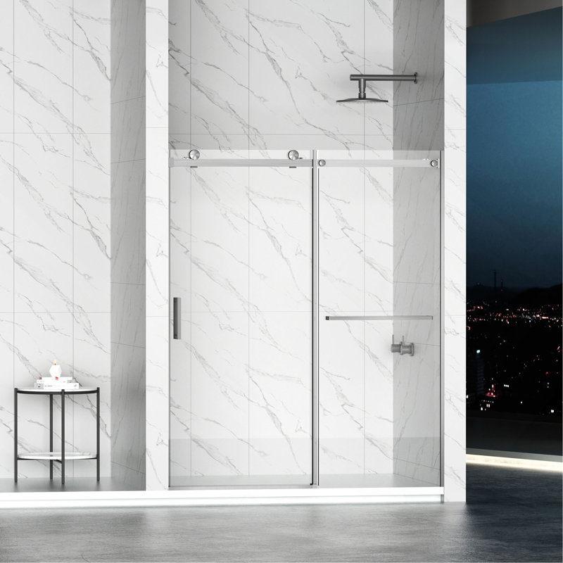Porte de douche coulissante sans cadre l 56 à 60 po x H 72 po, porte de douche en verre imperméable avec système de fermeture en douceur supérieure, verre trempé de 5/16 po (8 mm), couche facile à nettoyer des deux côtés