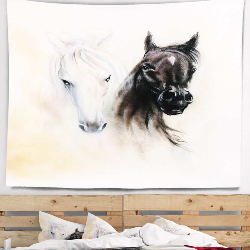 Tête de cheval noir et blanc Animal, H 32 po x l 39 po