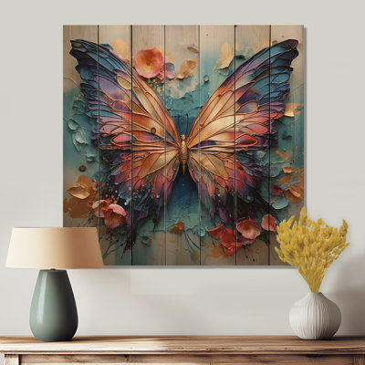 Papillon métallique orange et bleu - reproduction d'animaux sur bois de pin naturel