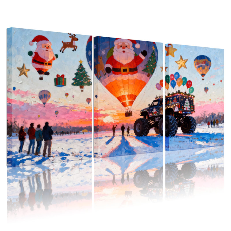 Ensemble de 3 reproductions d'art sur toile de Noël avec montgolfière en hiver, 30" H x 60" W