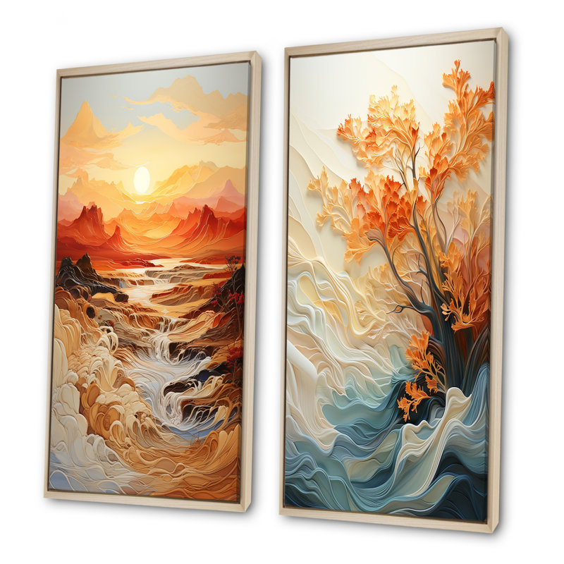 «Orange Bold Waterfall Sunrise I», ensemble de 2 reproductions d'art abstrait, Encadrement brun, H 28 po x l 25 po