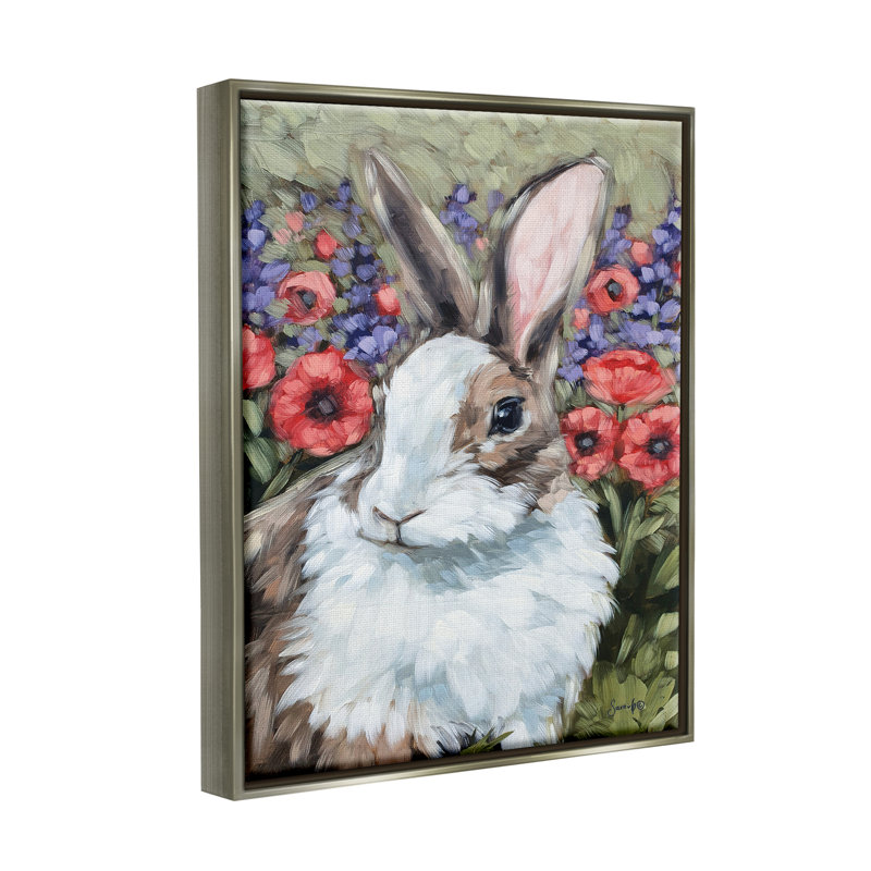 Lapin fleur prairie nature - peinture, H 21 po x l 17 po x P 1,7 po, Cadre flottant gris lustré