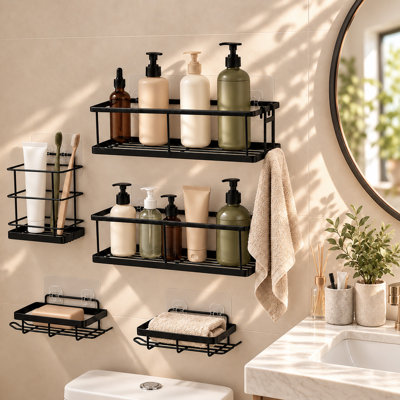 Ensemble de support de douche adhésif 5 pièces, organisateur de douche mural sans perceuse, tablettes de rangement de salle de bain en acier au carbone avec crochets