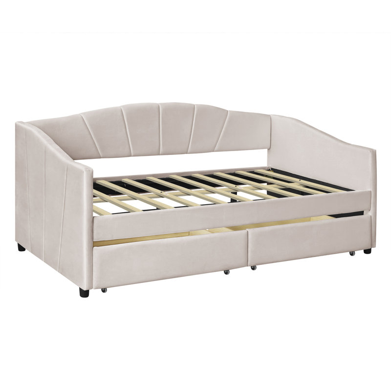 Kacy Upholstered Daybed with Trundle, Sofa Bed, Beige, Twin 1