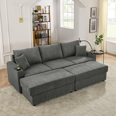Canapé-lit moderne avec rangement, avec 2 repose-pieds, canapé à assise profonde avec porte-gobelets et porte-téléphone, canapé en velours côtelé beige pour le salon