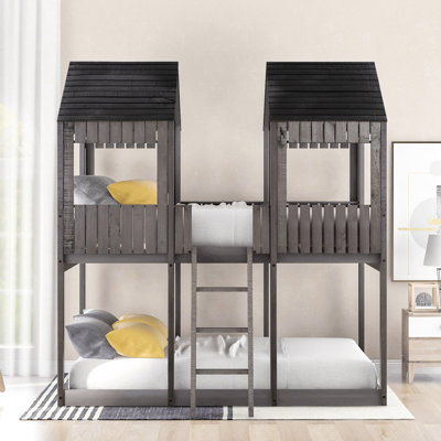 Lit superposé en bois gris antique avec garde-corps et - Safe Climbing Sleeping