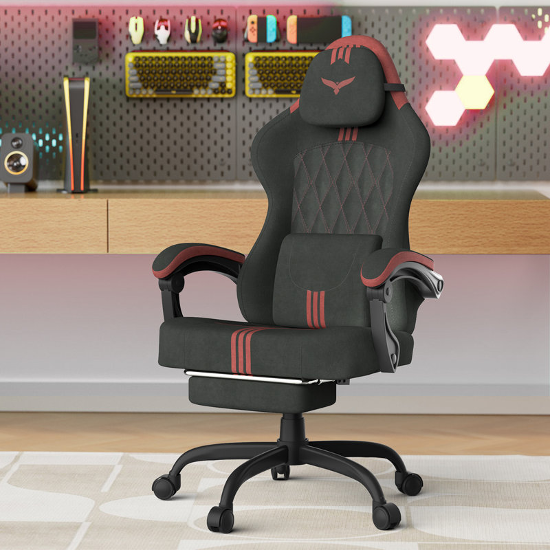Soontrans Velvet Fabric Gaming Chair with Footrest High Back Ergonomic Gamer Chair with Headrest and Massage Lumbar Cushion Reclining Computer Office Game Chair for Adults, Black&Red