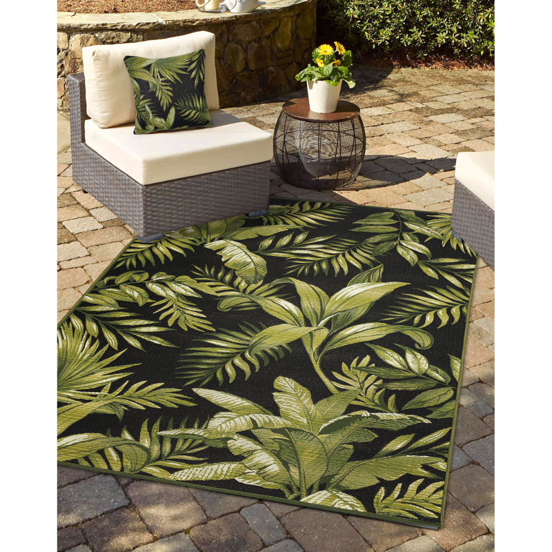 Marina Black and Green Tropical Leaf Indoor/Outdoor Pillow