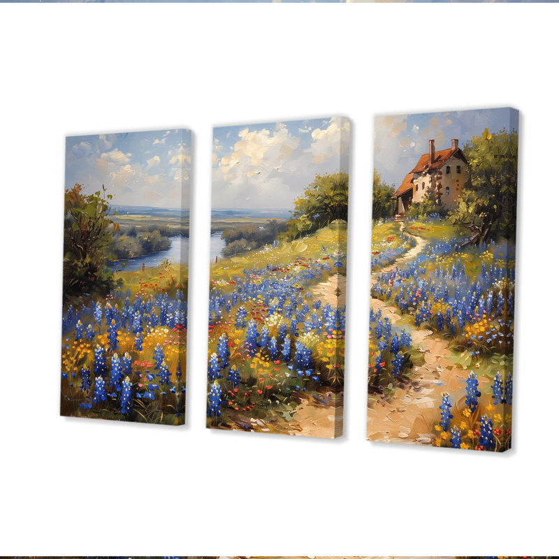 Ensemble de salon art mural bleu et vert Meadow Charm Blue Bonnets VII, H 40 po x l 60 po, Toile tendue