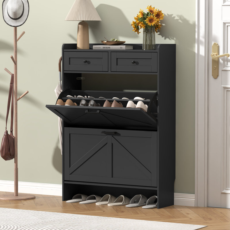 30"W Farmhouse Shoe Cabinet with 2 Flip Drawers & 2 Drawers – Narrow Freestanding Organizer for Entryway（30" W x 9.25" D x 42.7" H）