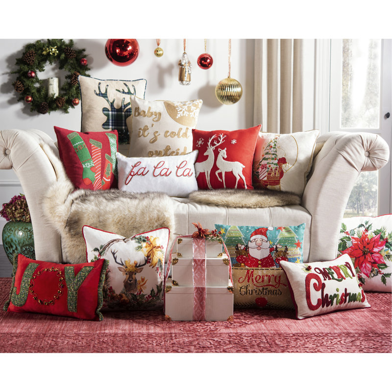Cranberry Reindeer Wreath 18" White and Yellow Throw Pillow