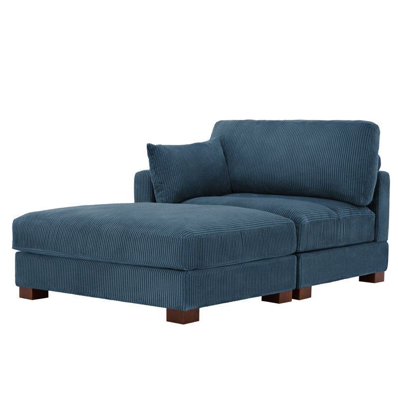 Bentura Oversized Upholstered Navy Corduroy Modular Chaise Lounge with Armrests & Throw Pillows, Left Hand Facing, Navy