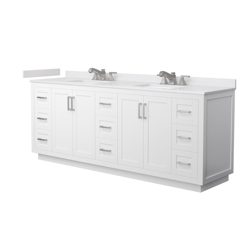 Meuble-lavabo double autoportant de 84 po avec plateau en marbre Miranda, Blanc, Nickel brossé