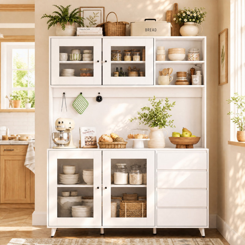 Garde-manger avec porte en verre trempé et rangement solide Garyson, Blanc