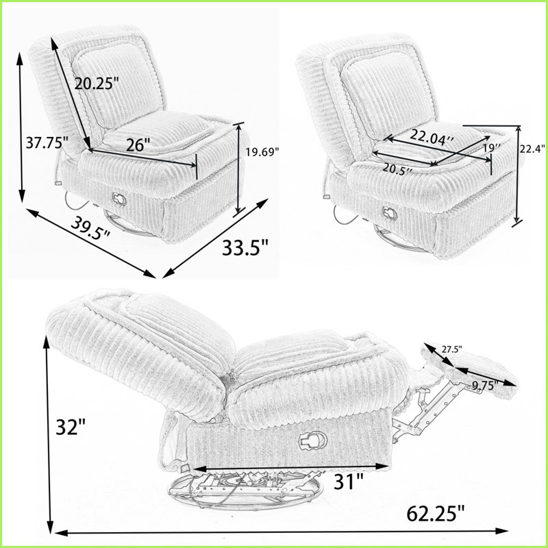 Fauteuil inclinable inclinable pivotant sans accoudoirs inclinable avec dossier réglable, repose-pieds et amp; Coussins pour petits espaces gris | Fer | Polyester