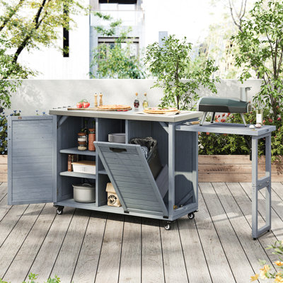 78.3" Outdoor Kitchen Island With Foldable Grill Table, Wooden Outdoor Grill Cart With Trash Can Storage & Stainless Steel Top, Outdoor Bar Cart, Pizza Oven Table For Lawn & Garden