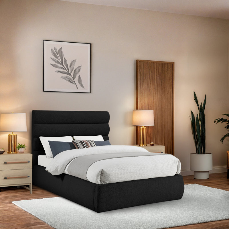Lit en tissu Adam Boucle, Tissu bouclé noir, Double