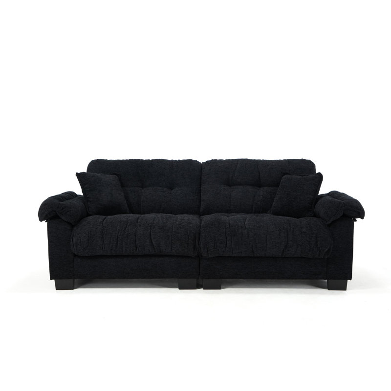 Pleated Chenille Three-Seater Sofa, Black