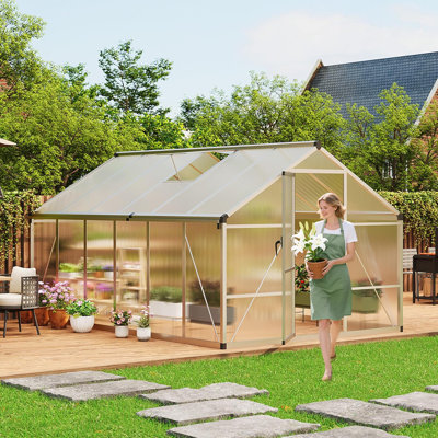 Serre extérieure, cadre en aluminium avec panneaux en polycarbonate, 8 x 12 pi, portes coulissantes et évent de toit réglable, utilisation dans le jardin ou la cour arrière, argent