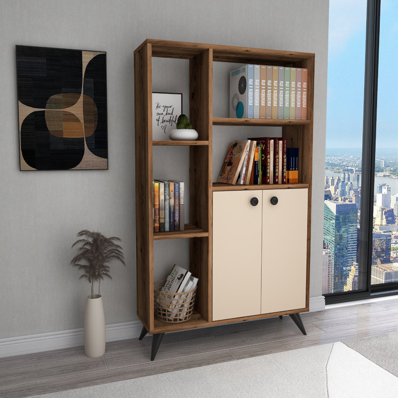 Bookcase with Storage Buzbee, Walnut/Beige