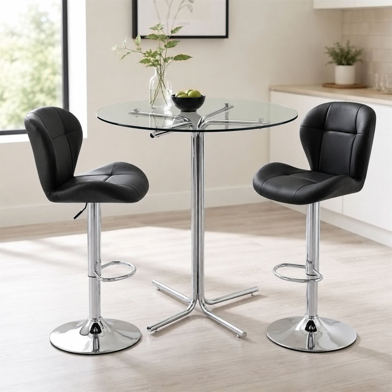 Ensemble de tables de bar rondes en verre trempé avec 2 tabourets pivotants à hauteur réglable