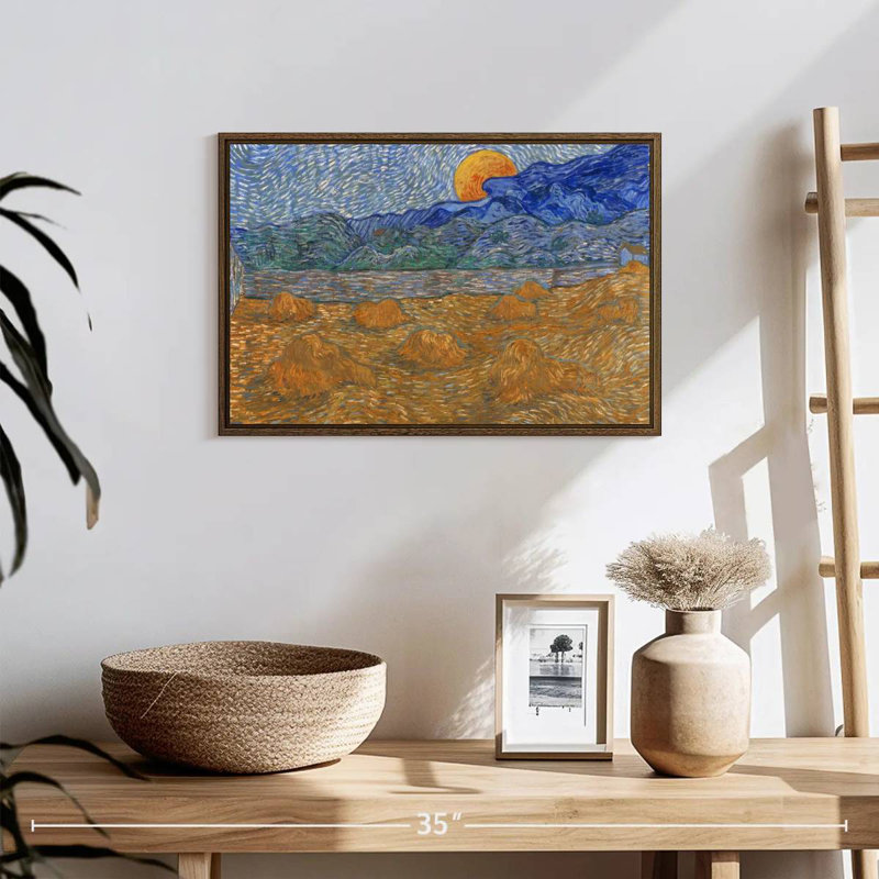 Gerbes de blé et lune montante, 19 po x 13 po, Cadre flottant noyer