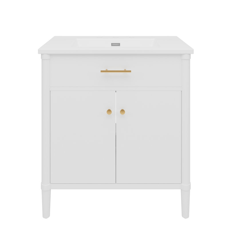 Meuble-lavabo blanc 31 po avec lavabo, charnières à fermeture en douceur, tablettes intérieures réglables, forme incurvée, pieds en bois d'hévéa, poignées dorées mates, élégant pour les salles de bain de style bord de mer en blanc, profil en céramique