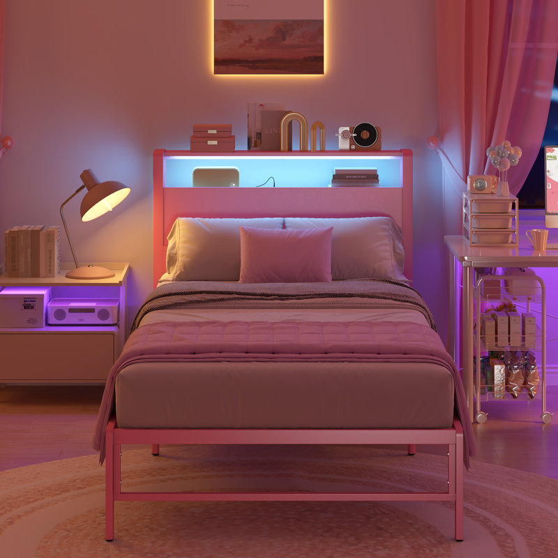 Anariya Storage Bed Equipped With Charging Station And Bedside LED Light Strip, Pink