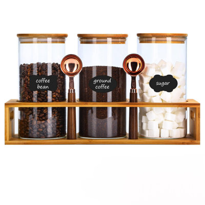 Glass Coffee Containers Airtight Coffee Bean Storage Canisters With Shelf, 3Pcs 44Oz Coffee Station Organizer, Kitchen Food Storage Jars For Sugar, Candy, Oats, Nuts