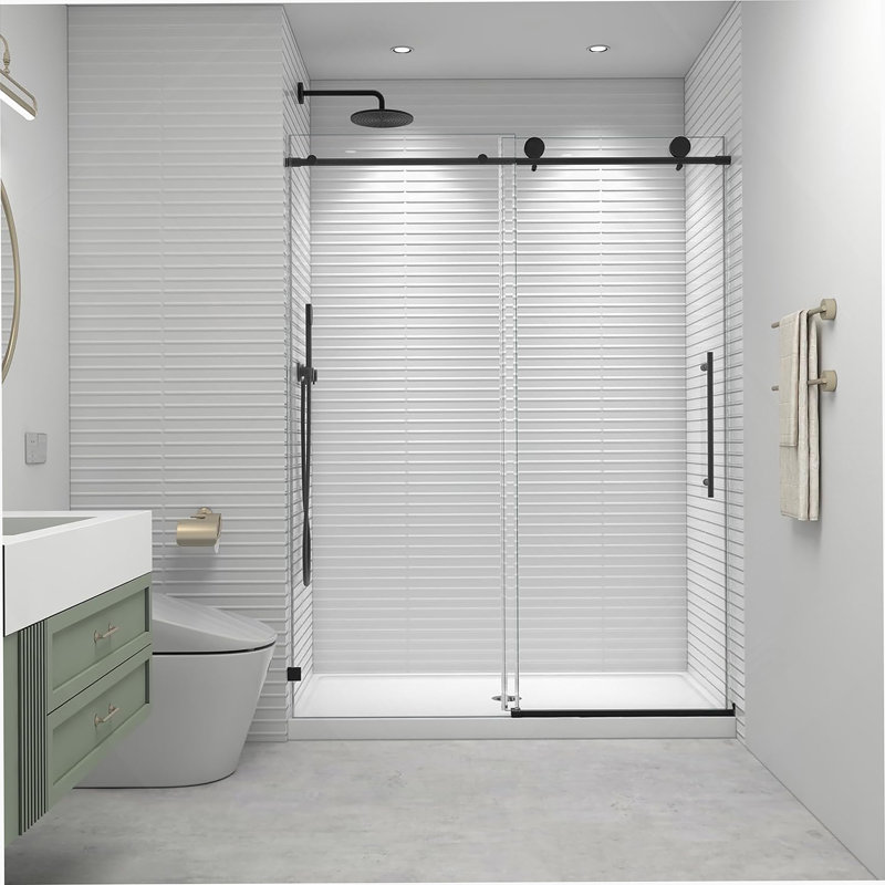 60" W X 73" H Soft Closing Sliding Frameless Black Shower Doors,8Mm Easy-Clean Tempered Glass, Matt Black, Matte Black