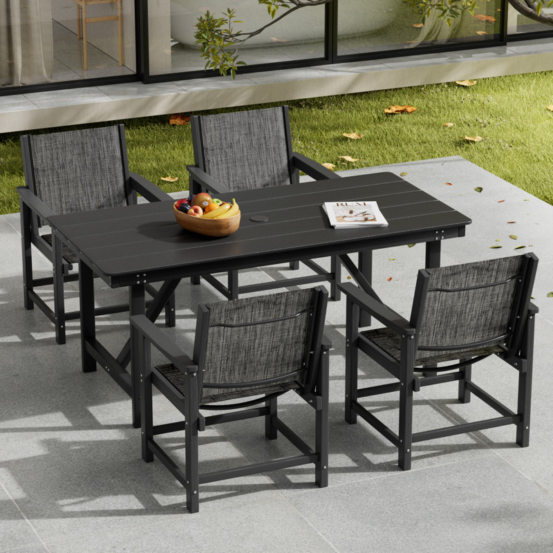 5-Piece HDPE Outdoor Dining Set -Weather-Resistant, Wood Texture, Black