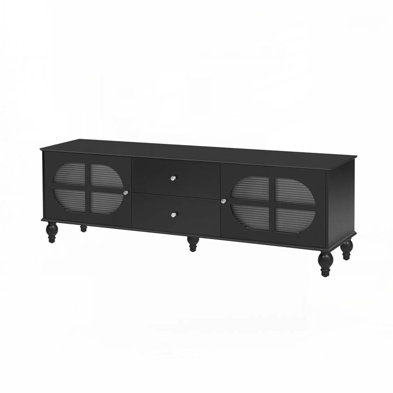 Meuble télé avec portes en verre cannelé, 2 tiroirs, 2 armoires et pieds en bois, Noir, noir, noir, noir