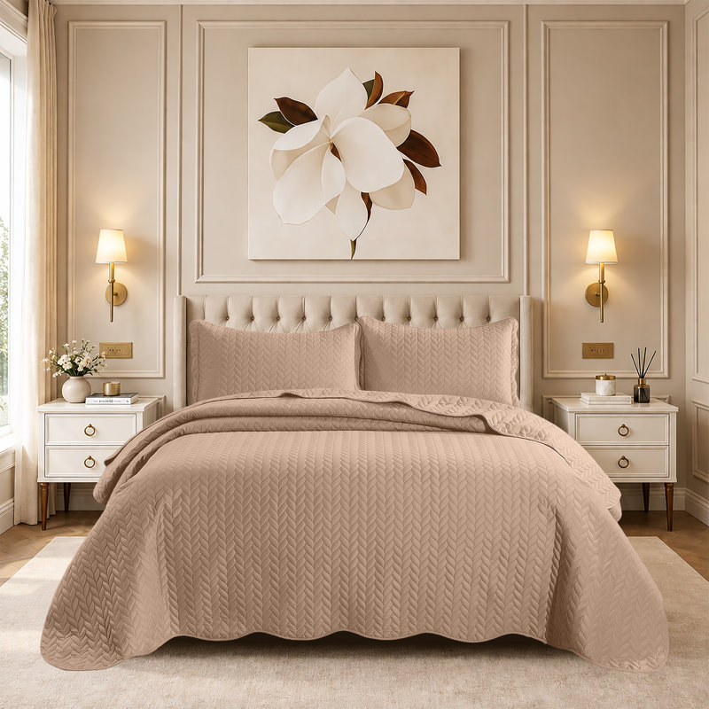 Ensemble de couvre-lit léger en relief à motif de chevrons 3 pièces Moonlight, Beige