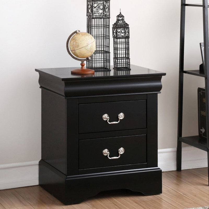 Table de chevet de chambre à coucher en noir avec 2 tiroirs et 2 poignées en métal avec glissières en nickel brossé