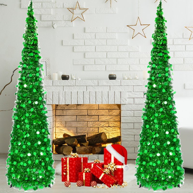 Arbre de Noël artificiel escamotable 5 pi avec paillettes Tinsel et trépied en plastique SC, Vert