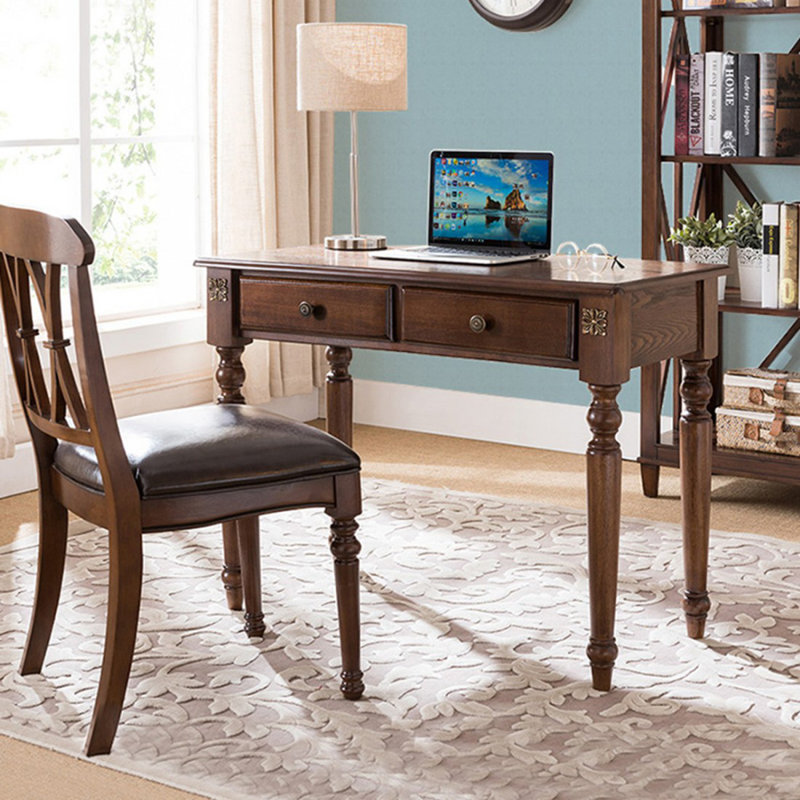 Bureau rectangulaire en bois massif brun noisette avec 2 tiroirs, H 29,92 po x l 39,37 po x P 19,69 po, Brun noyer