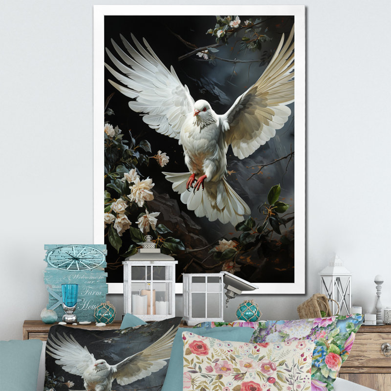 «White Dove Messenger» - art mural colombe, H 44 po x l 34 po x P 1,5 po, Cadre simple blanc