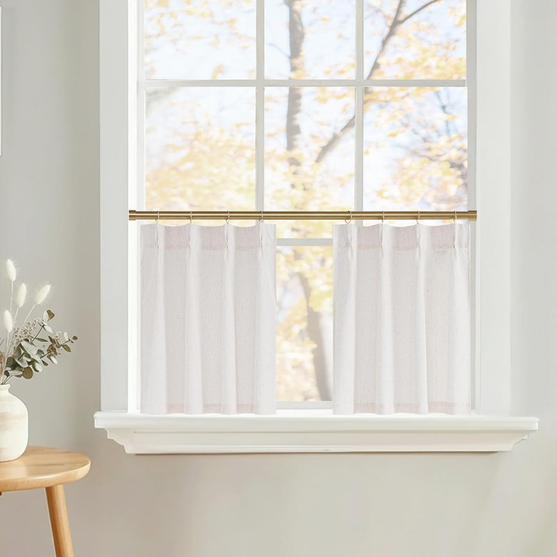  Pinch Pleated Linen Valances for Windows, 2 Panels Set Farmhouse Light Filtering Small Sheer Curtains for Cafe Bar Kitchen Over Sink Christmas Decor