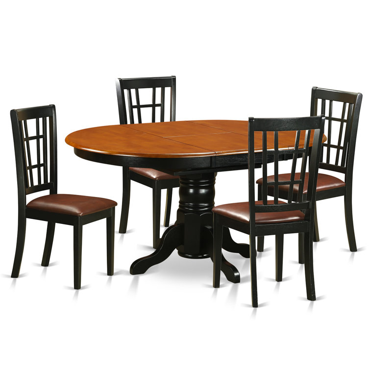 5 Piece Dining Room Furniture Set Includes an Oval Wooden Table with Butterfly Leaf and 4 Faux Leather Kitchen Dining Chairs, Black & Cherry