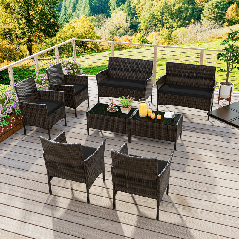 Klea Wicker 8 - Person Patio Conversation Set with Cushions, Black