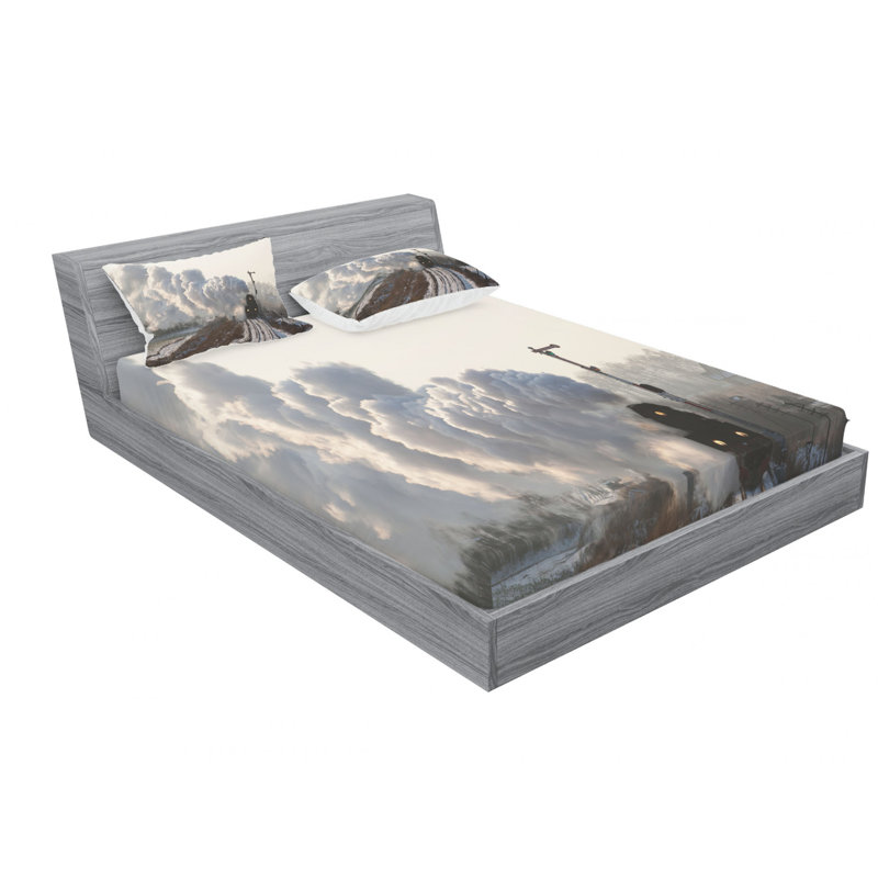 Ensemble de draps en style « train on rails winter snow industrial town », Double