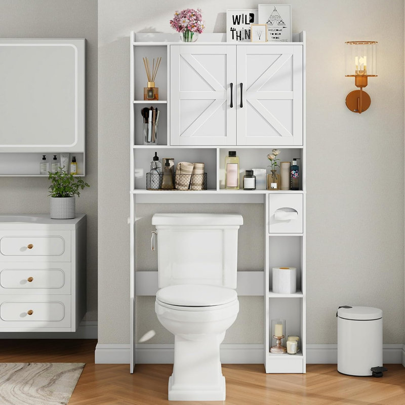 Farmhouse Rattan Storage Cabinet Over Toilet - 2 Door With Toilet Paper Holder - Space-Saving For Bathroom, White