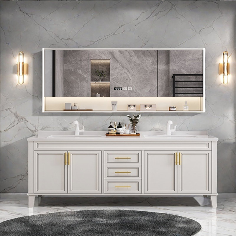 Armoire de salle de bain simple et moderne de style français, 32.28'' H x 74.8'' W x 21.65'' D, Blanc cassé / blanc