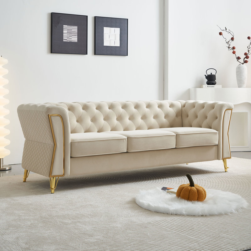 Canapé à accoudoirs évasés en velours 87,4 po Elira, Beige, 3
