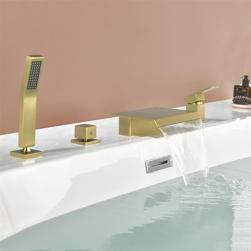 4 Hole Deck Mount Tub Faucet With Hand Shower Waterfall Bathtub Faucets Brass Single Handle Tub Filler With Valve